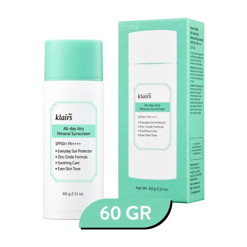 Klairs - All-day Airy Mineral Sunscreen SPF 50+ PA++++ (Ultra Hafif Dokulu Çinko Oksitli Leke Karşıtı Mineral Güneş Kremi)